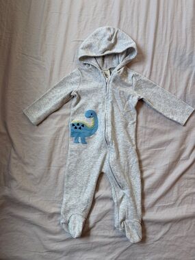 First Impressions Gray Hooded One-Piece with Blue Dino Appliqué